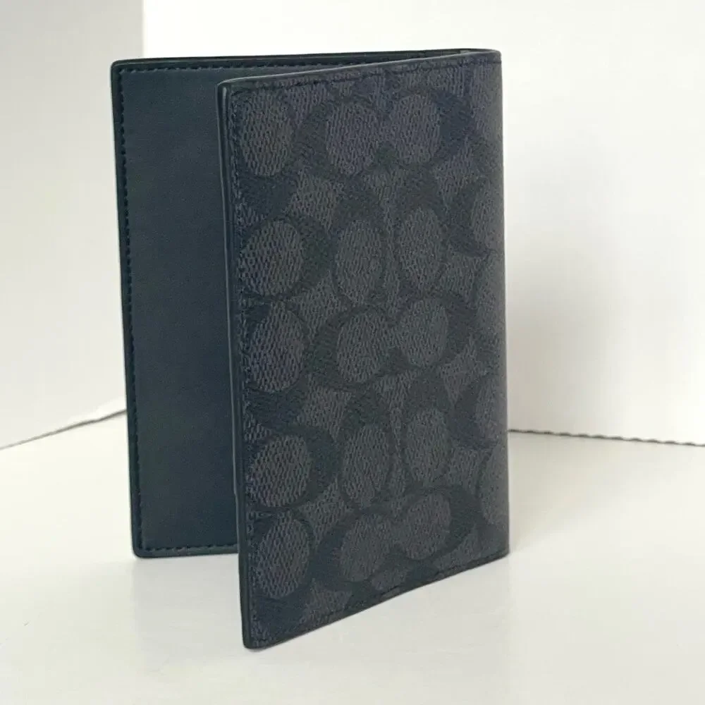 Coach CW170 Black Charcoal Signature Canvas Passport Holder